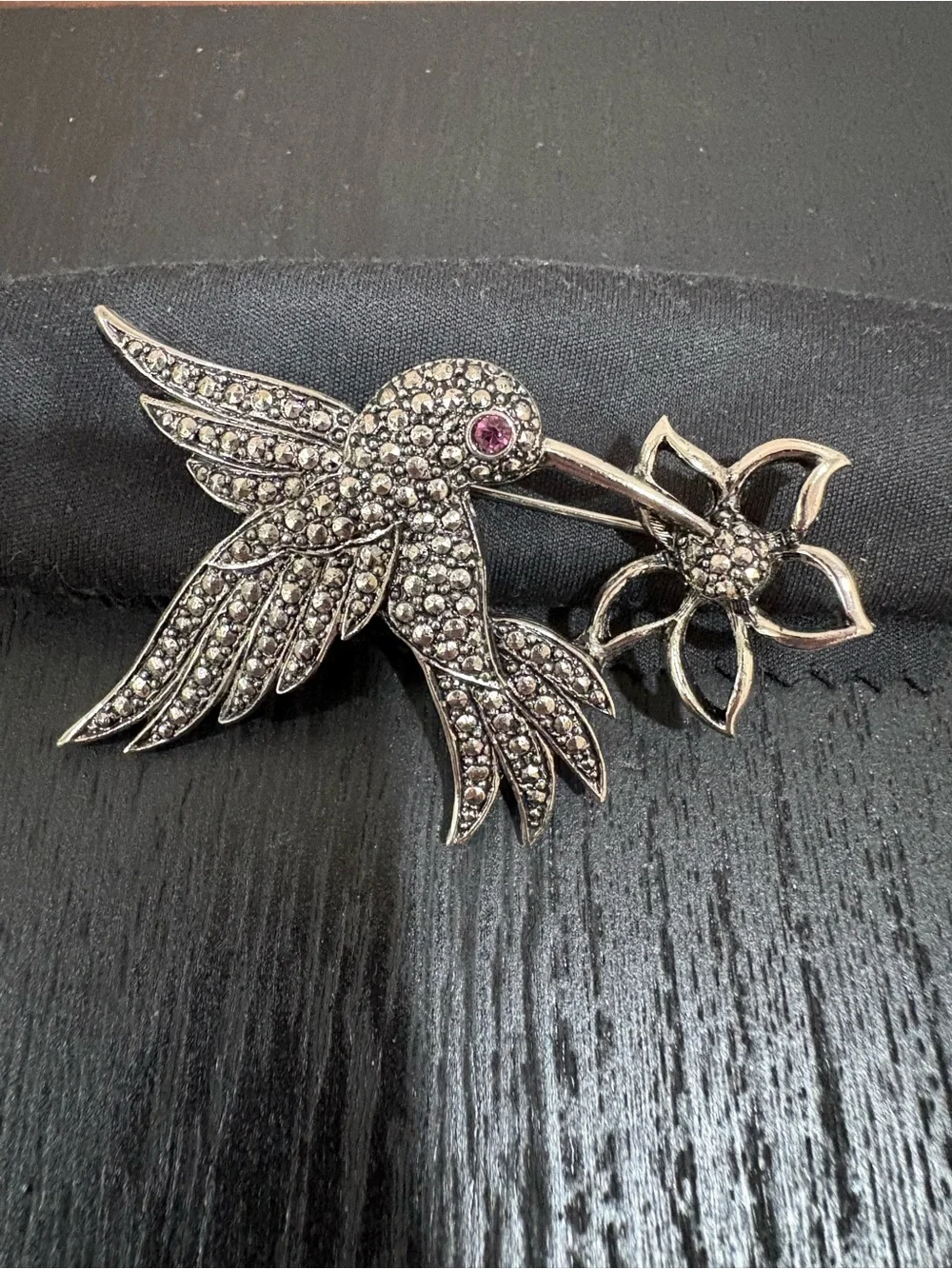 Avon Rhinestone Hummingbird Brooch with Flower Accent